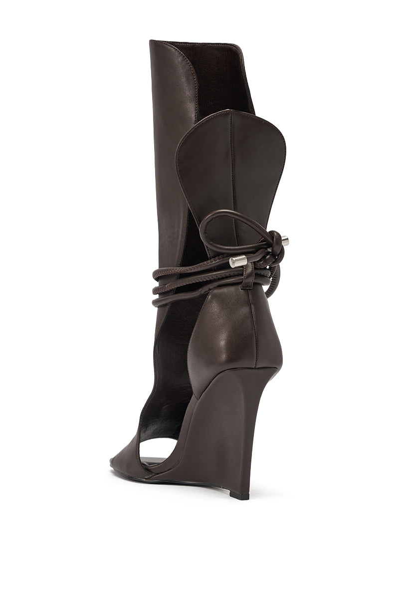 AZALEA WANG DOUMA CHOCOLATE WEDGE LACE UP TALL SHAFT SANDAL