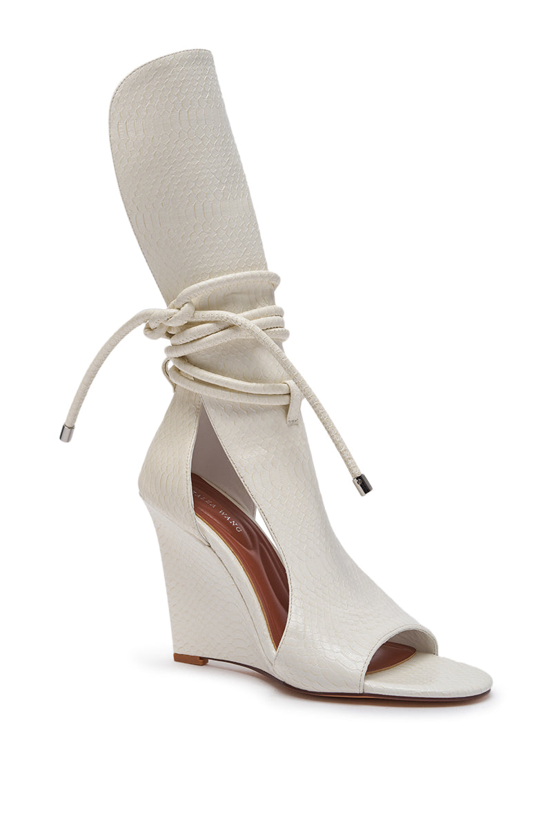 AZALEA WANG DOUMA WHITE WEDGE LACE UP TALL SHAFT SANDAL