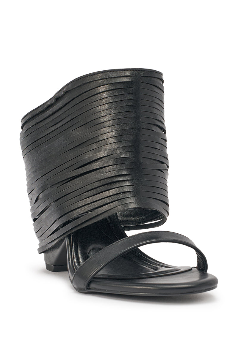 AZALEA WANG DREIA BLACK PU FRINGE WEDGE SANDAL