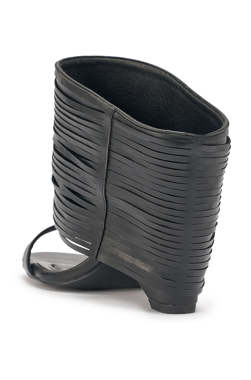 AZALEA WANG DREIA BLACK PU FRINGE WEDGE SANDAL