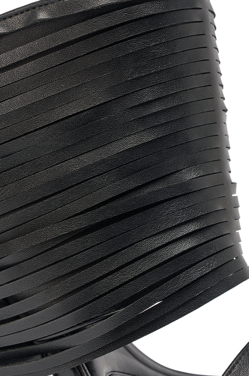 AZALEA WANG DREIA BLACK PU FRINGE WEDGE SANDAL