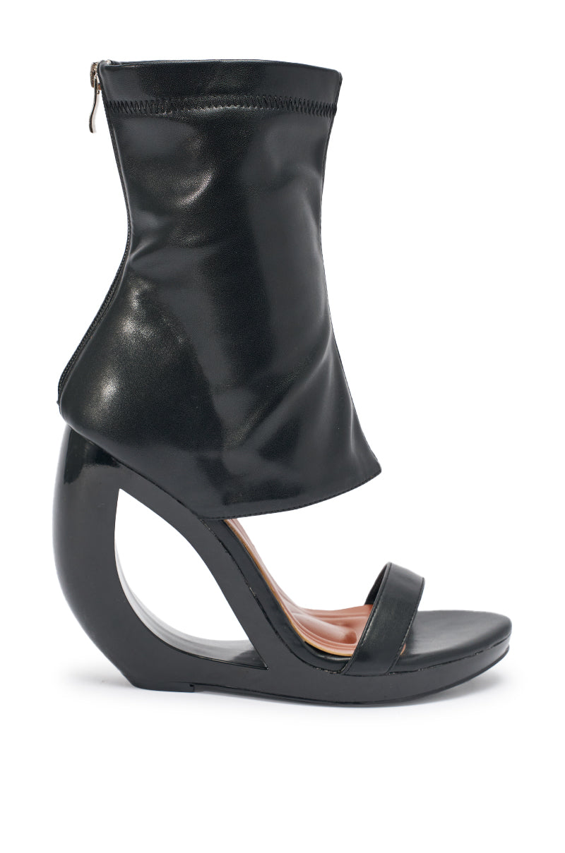 AKIRA GOLD DUMISANI BLACK WEDGE OPEN TOE BOOTIE