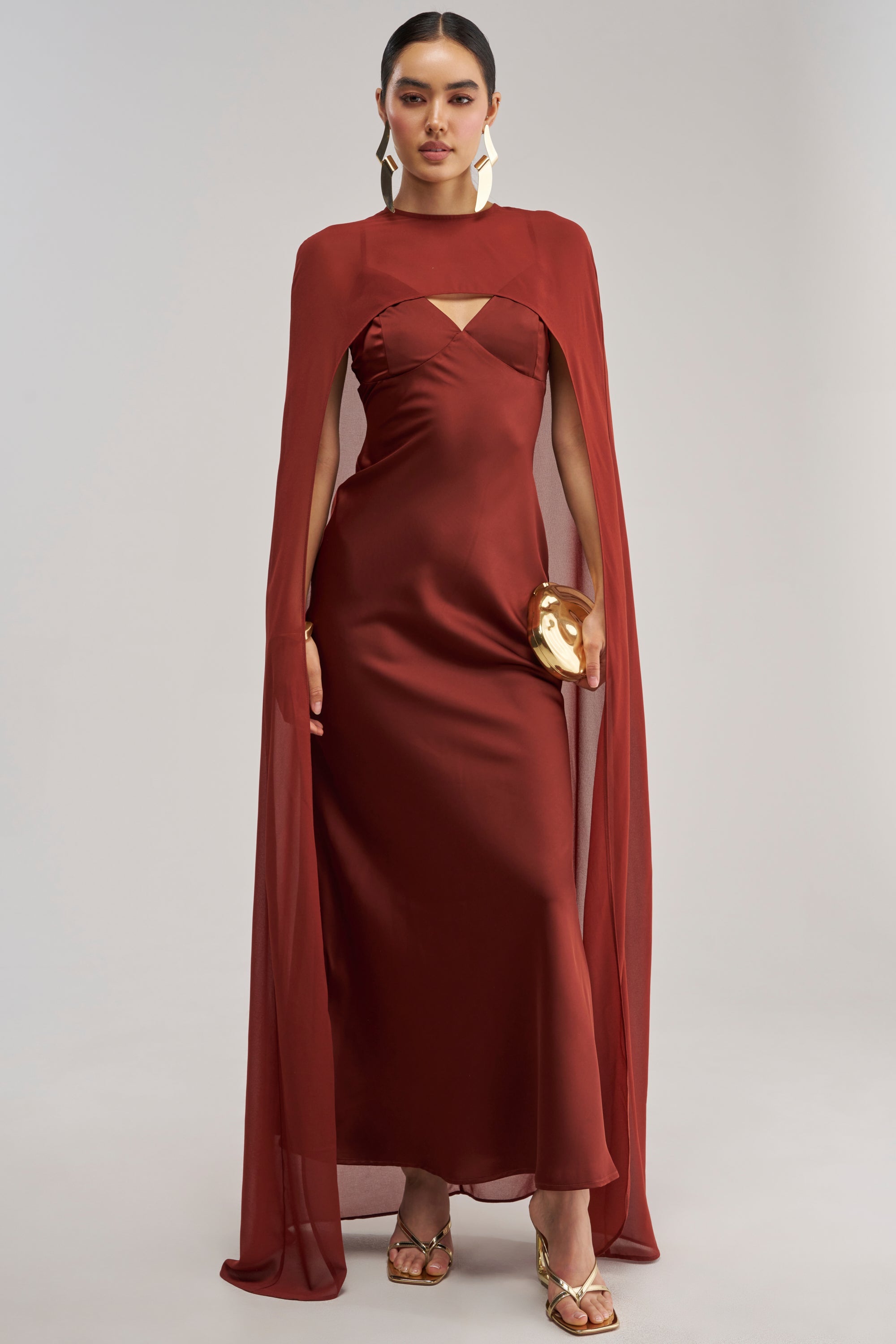 AFTER DARK SATIN CAPE MAXI DRESS