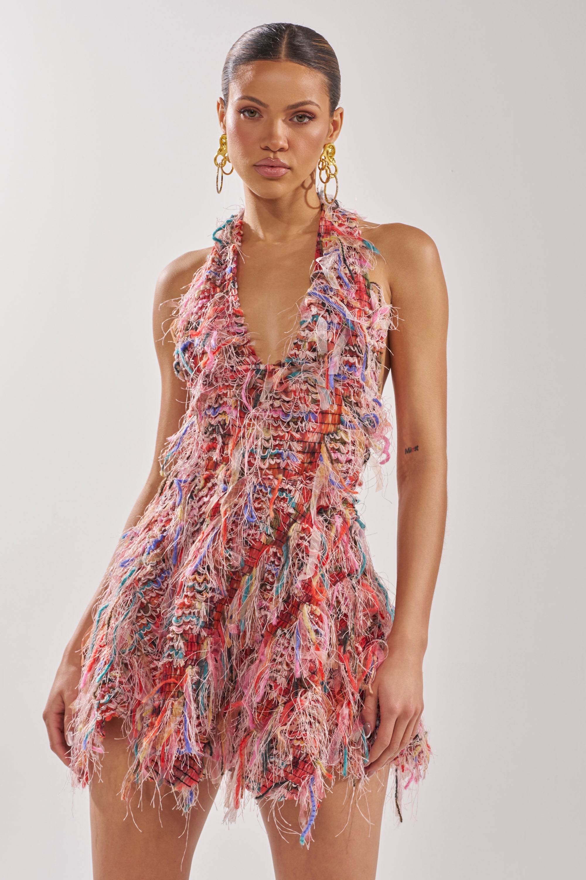 ROMY FRINGE MESH MINI DRESS IN PINK