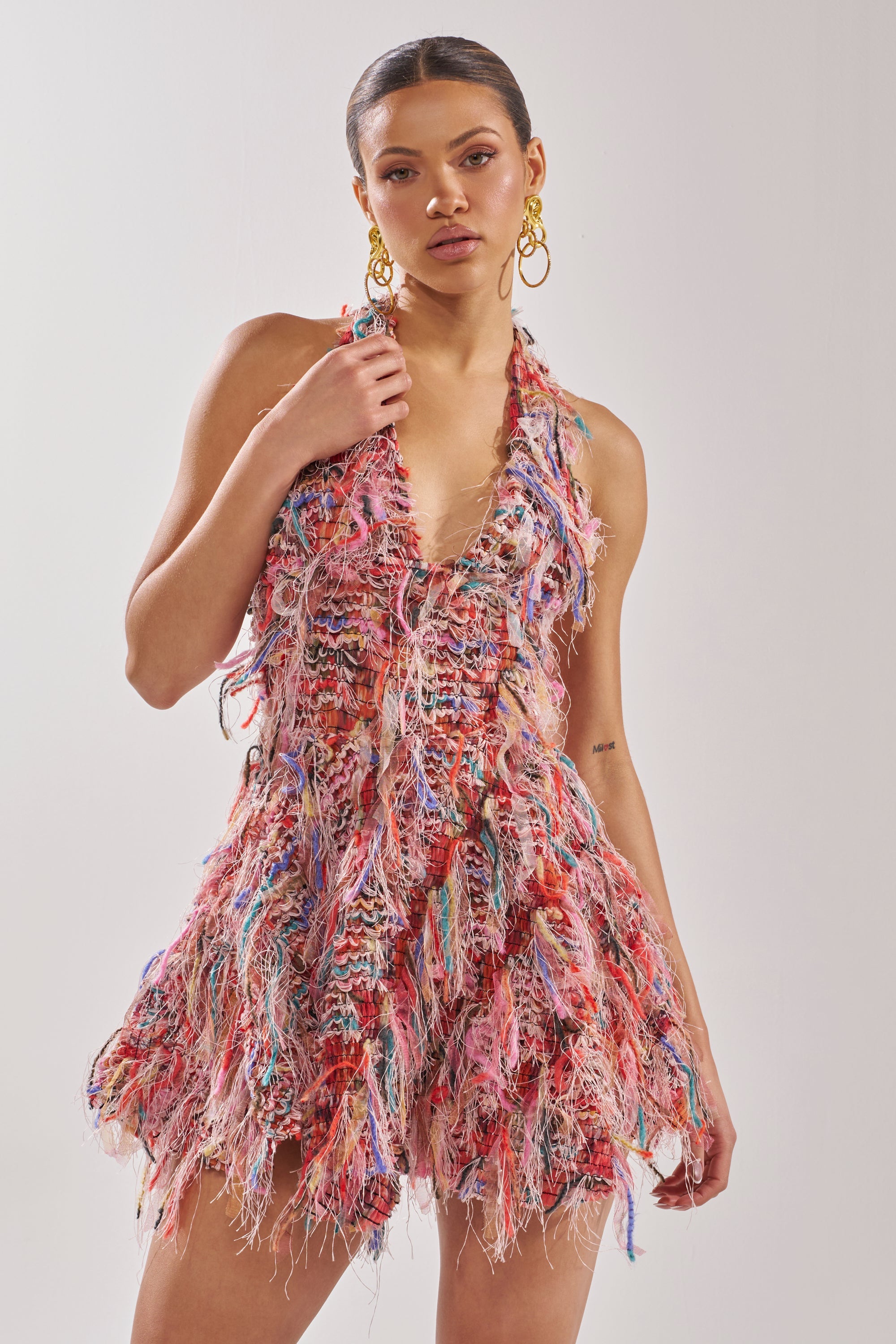 ROMY FRINGE MESH MINI DRESS IN PINK
