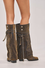 AZALEA WANG EIRA BROWN BLOCK BOOT WITH SQUARE TOE