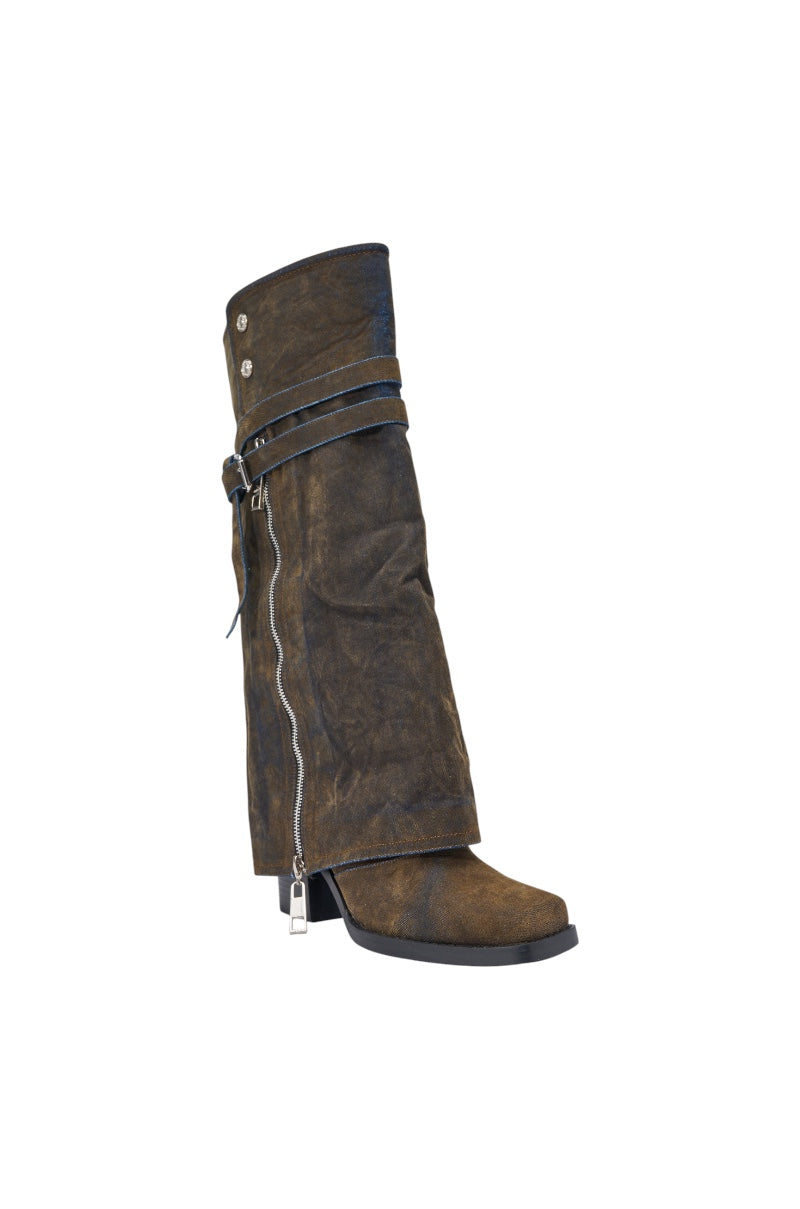 AZALEA WANG EIRA BROWN BLOCK BOOT WITH SQUARE TOE