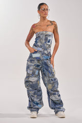 PATCHWORK DENIM ON DENIM JUMPSUIT