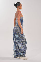PATCHWORK DENIM ON DENIM JUMPSUIT