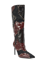 AKIRA GOLD ENYAE MAHOGANY MULTI PATCHWORK STILETTO BOOT