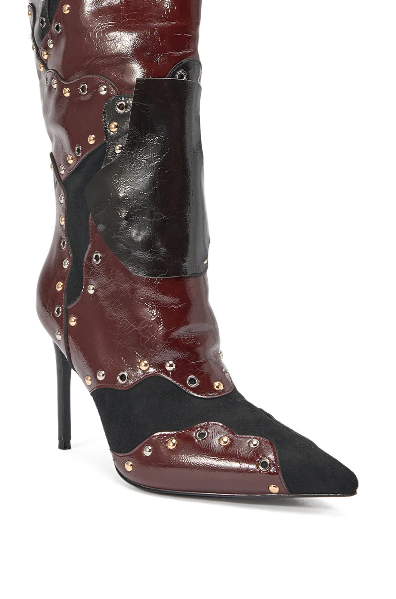 AKIRA GOLD ENYAE MAHOGANY MULTI PATCHWORK STILETTO BOOT