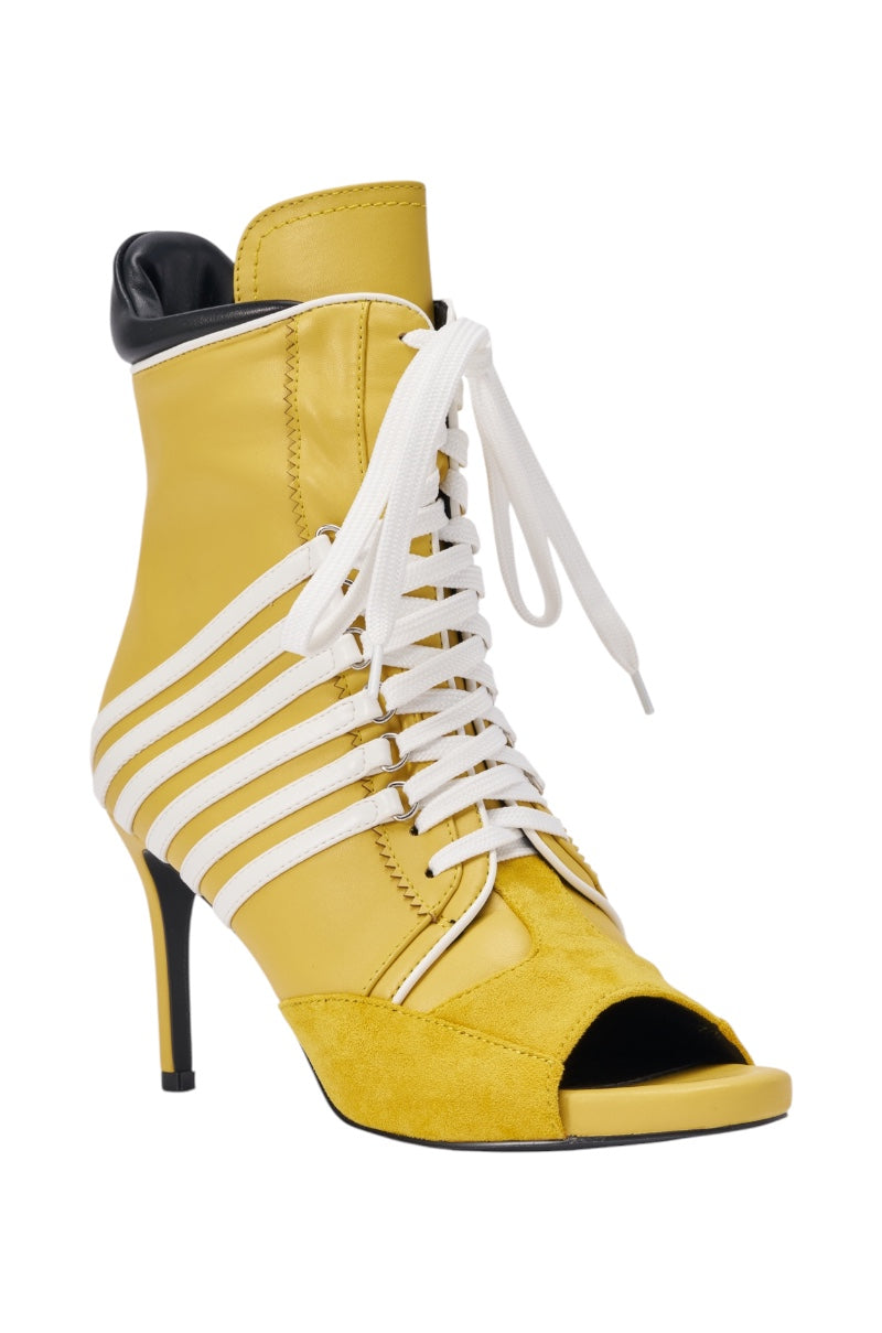 AZALEA WANG EOWYN MUSTARD YELLOW OPEN TOE STILETTO BOOTIE