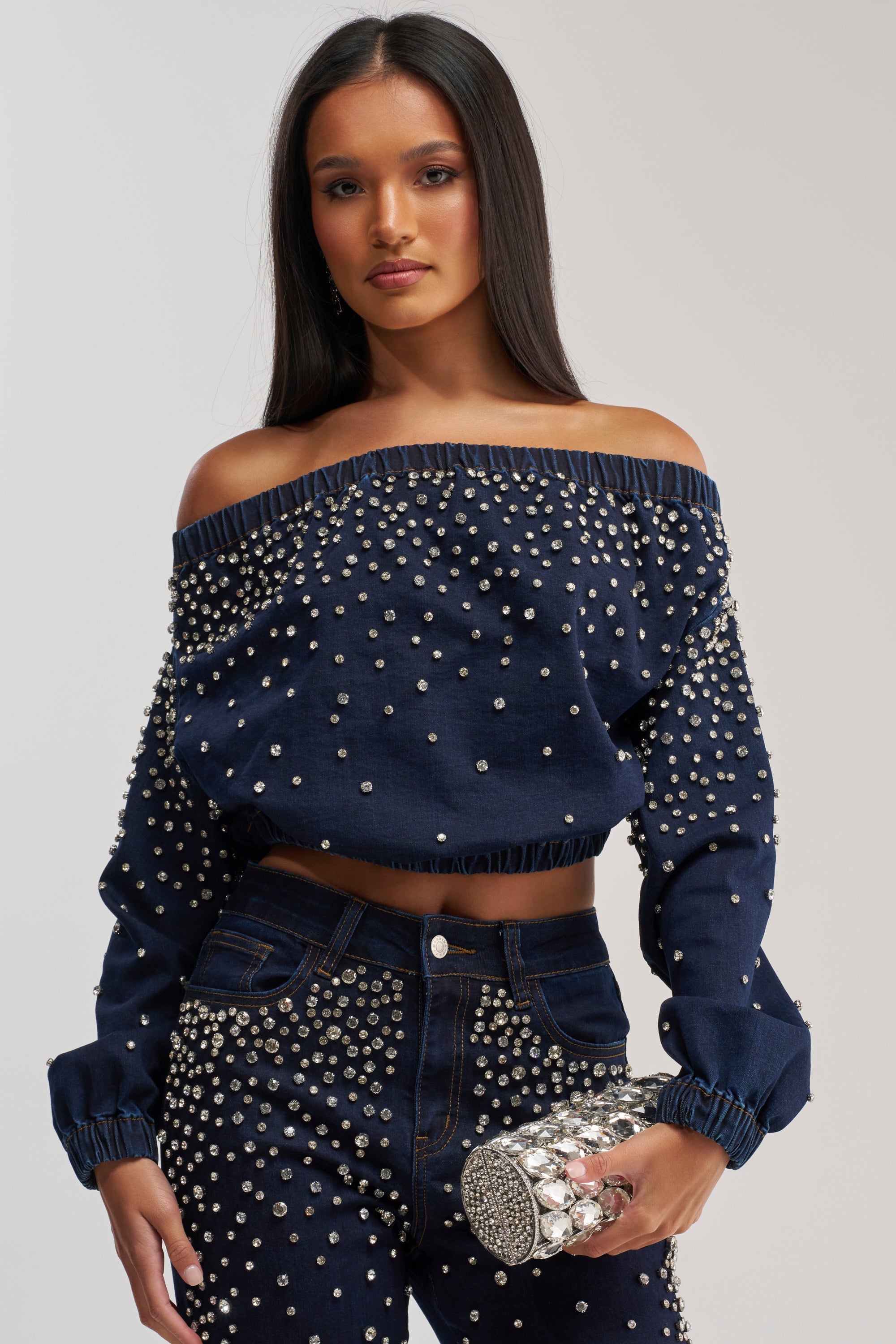 SPARKLE SPARKLE EMBELLISHED DENIM SWEATSHIRT