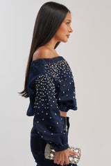 SPARKLE SPARKLE EMBELLISHED DENIM SWEATSHIRT