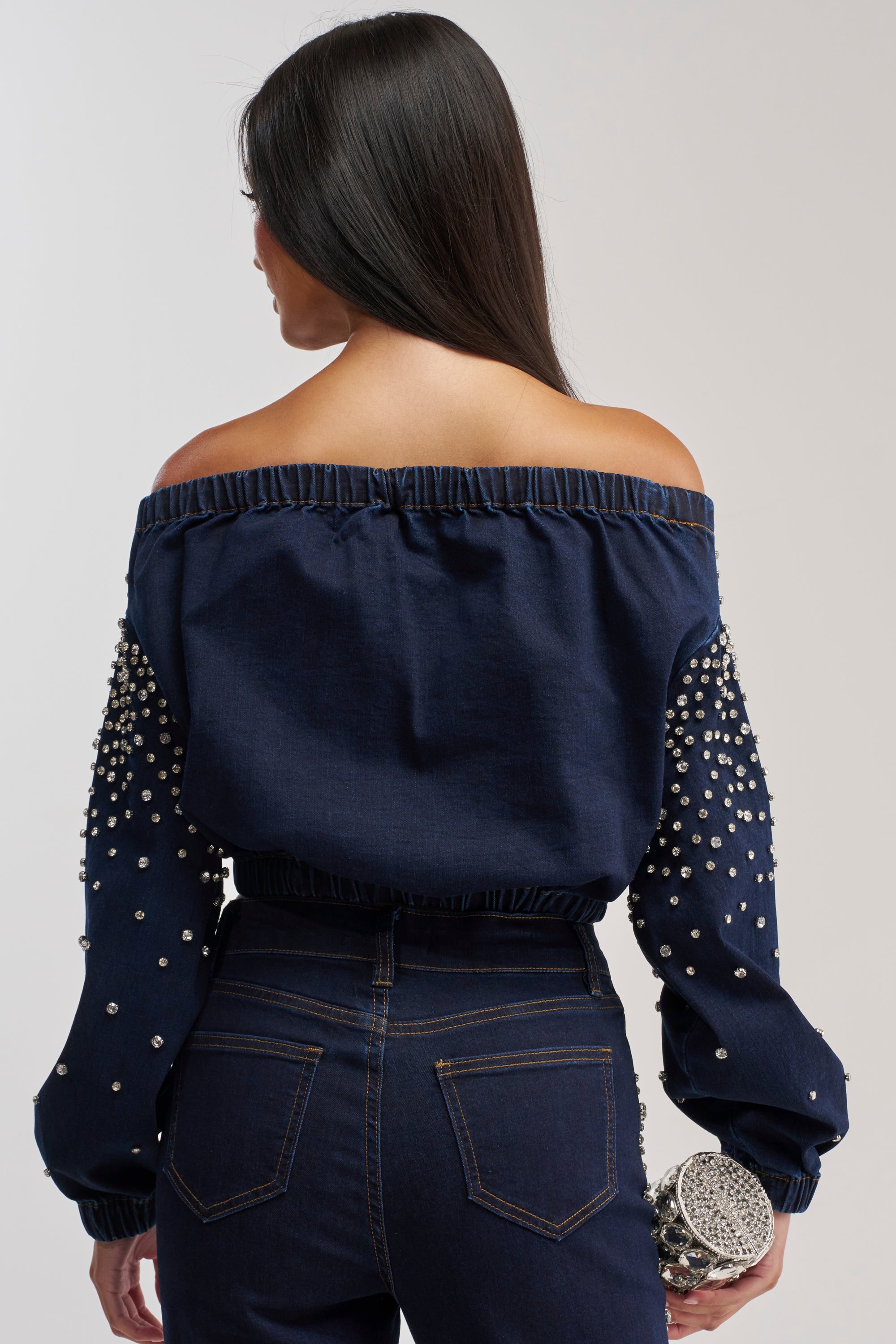 SPARKLE SPARKLE EMBELLISHED DENIM SWEATSHIRT