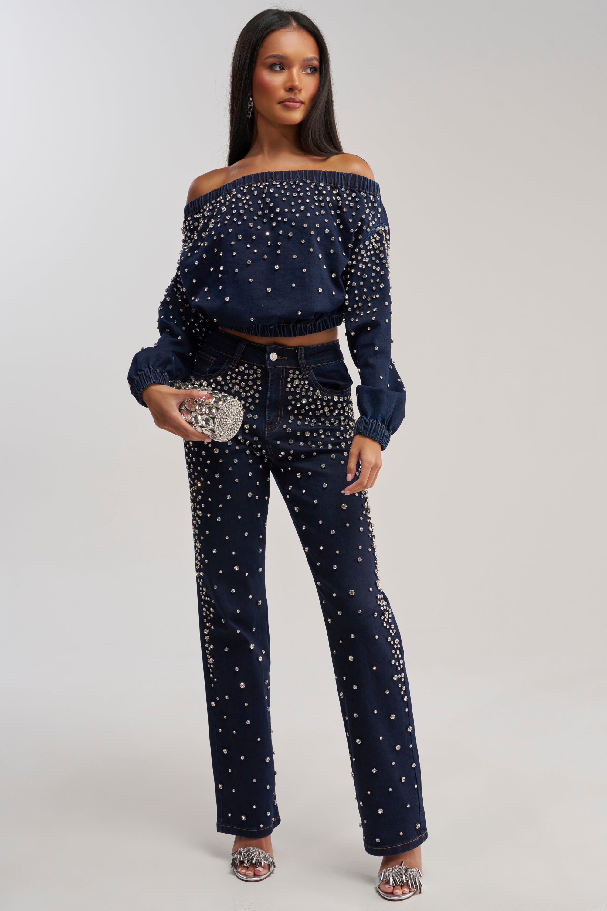 SPARKLE SPARKLE EMBELLISHED DENIM SWEATSHIRT