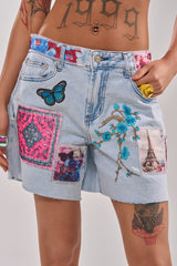 GET THE PICTURE PATCHWORK DENIM SHORTS