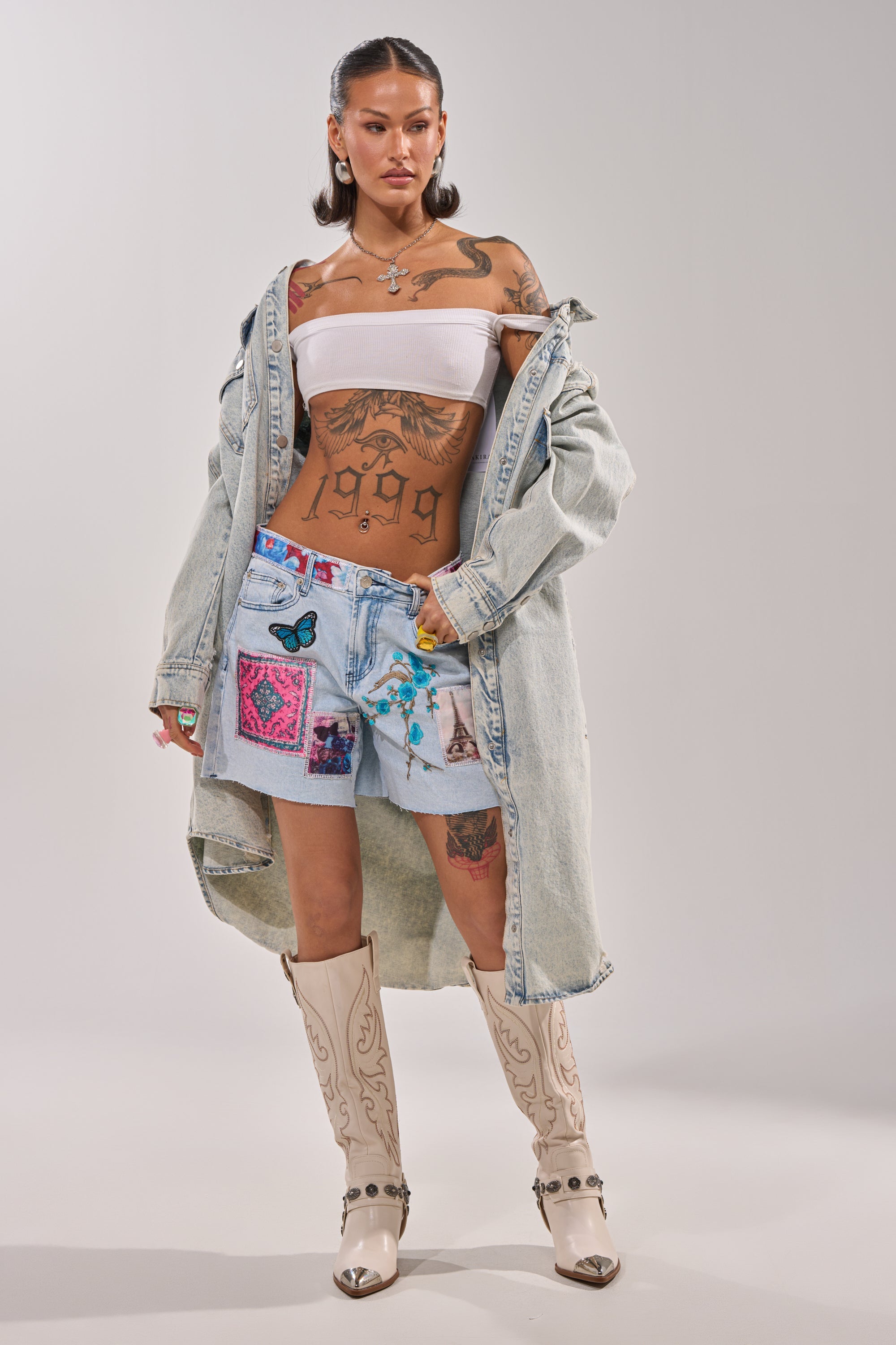 GET THE PICTURE PATCHWORK DENIM SHORTS