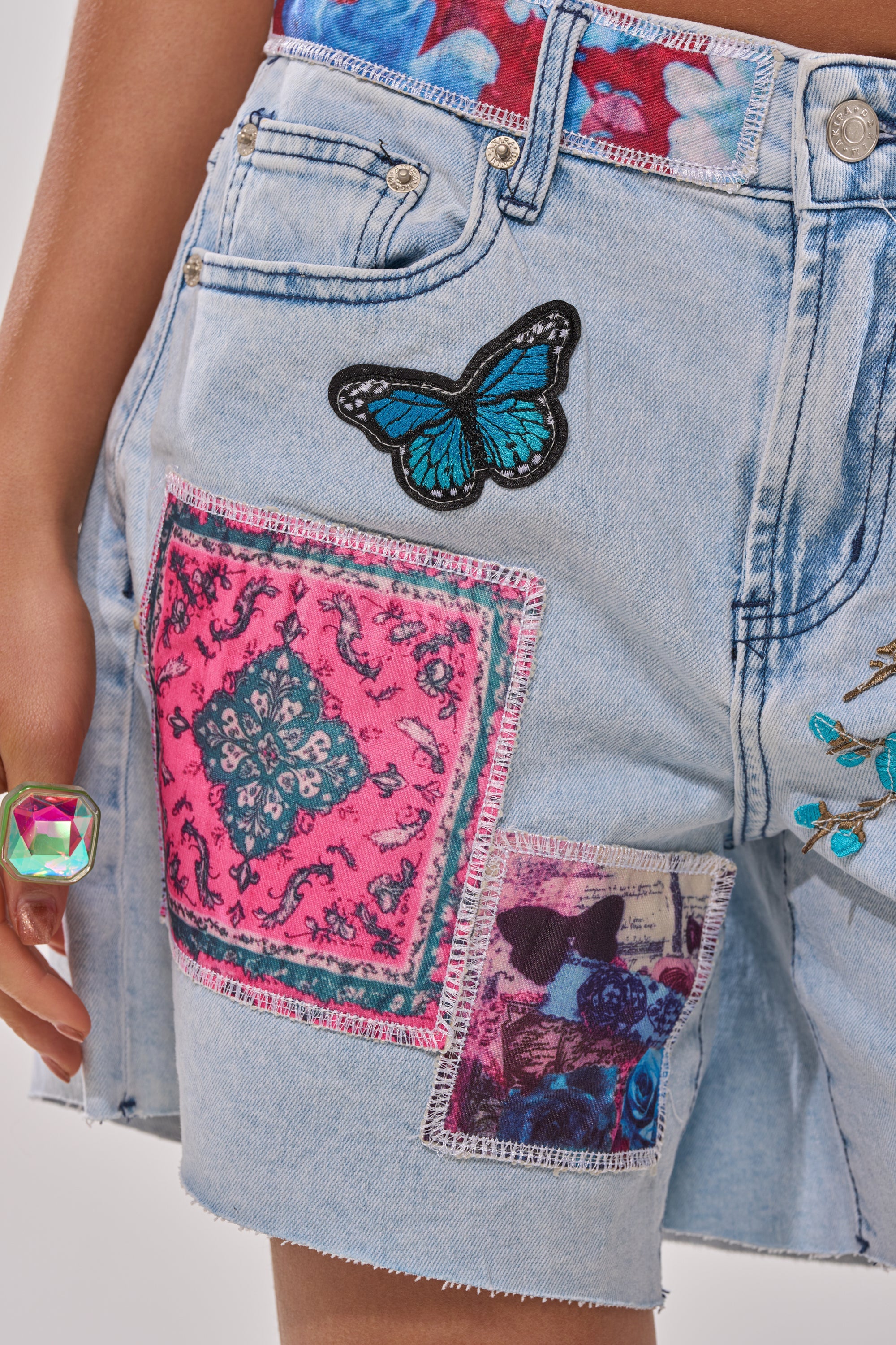 GET THE PICTURE PATCHWORK DENIM SHORTS