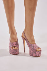 AKIRA GOLD EXACTLY PINK SNAKE STILETTO PLATFORM SANDAL