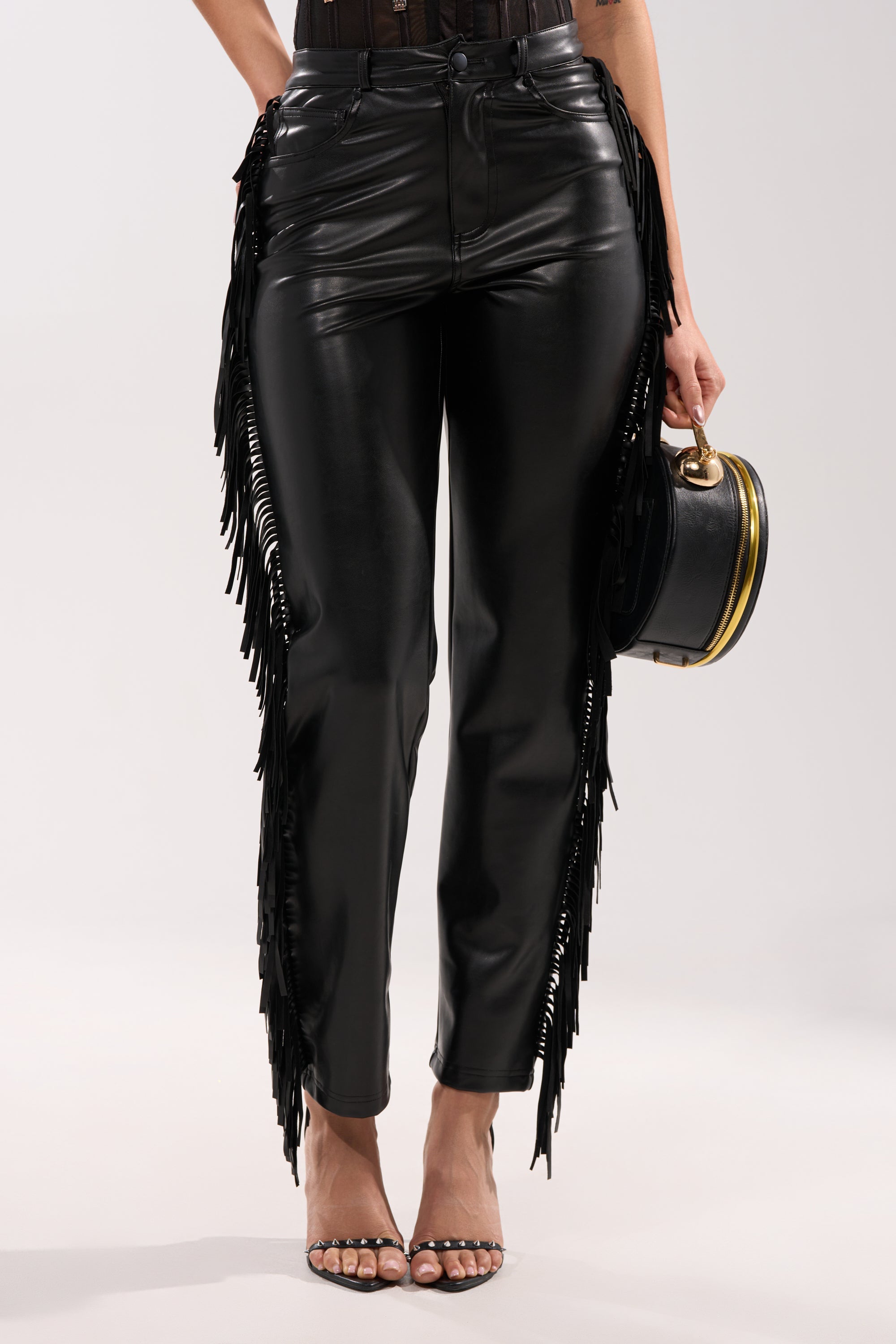 LETS GO TO THE RODEO FRINGE FAUX LEATHER PANT