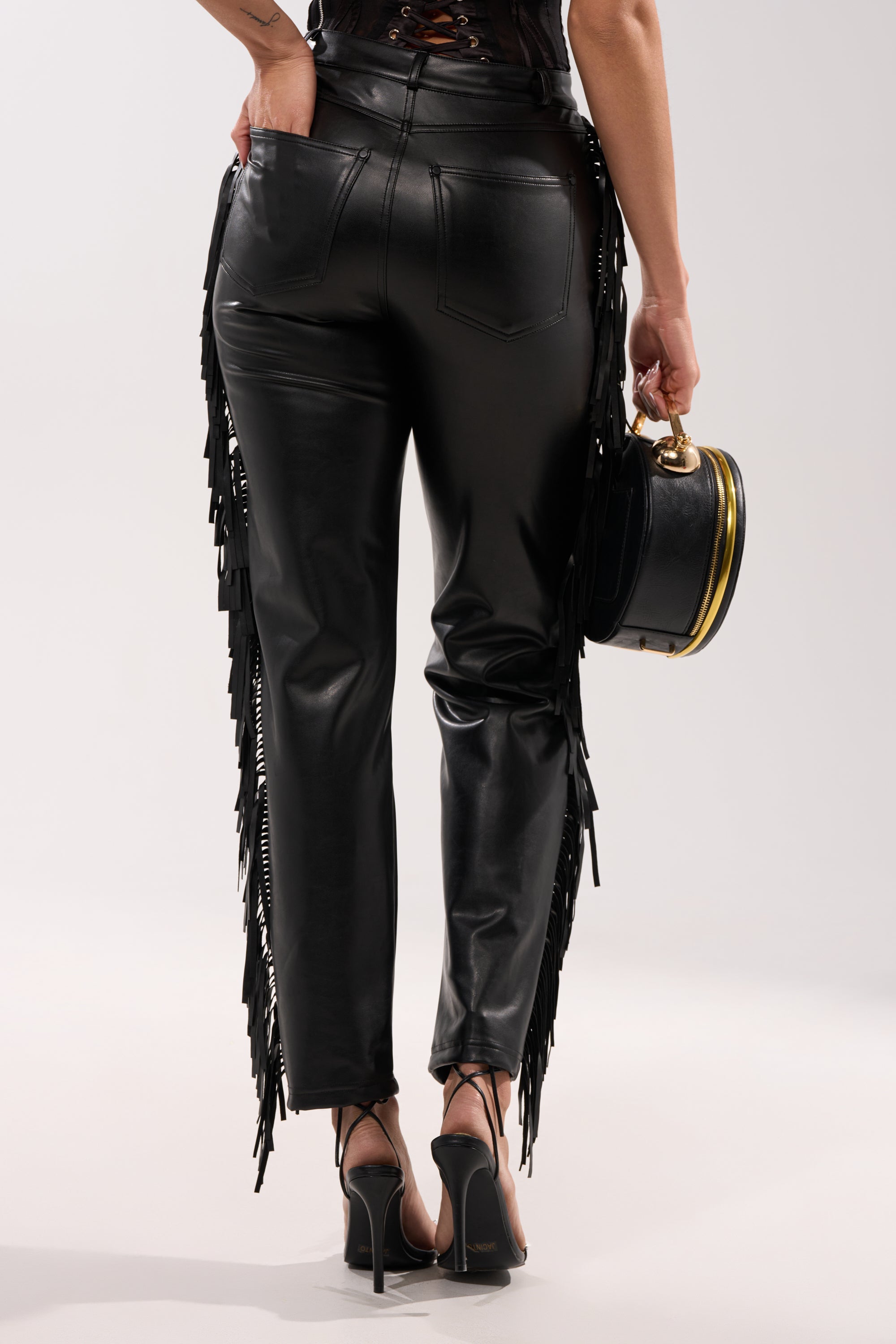 LETS GO TO THE RODEO FRINGE FAUX LEATHER PANT