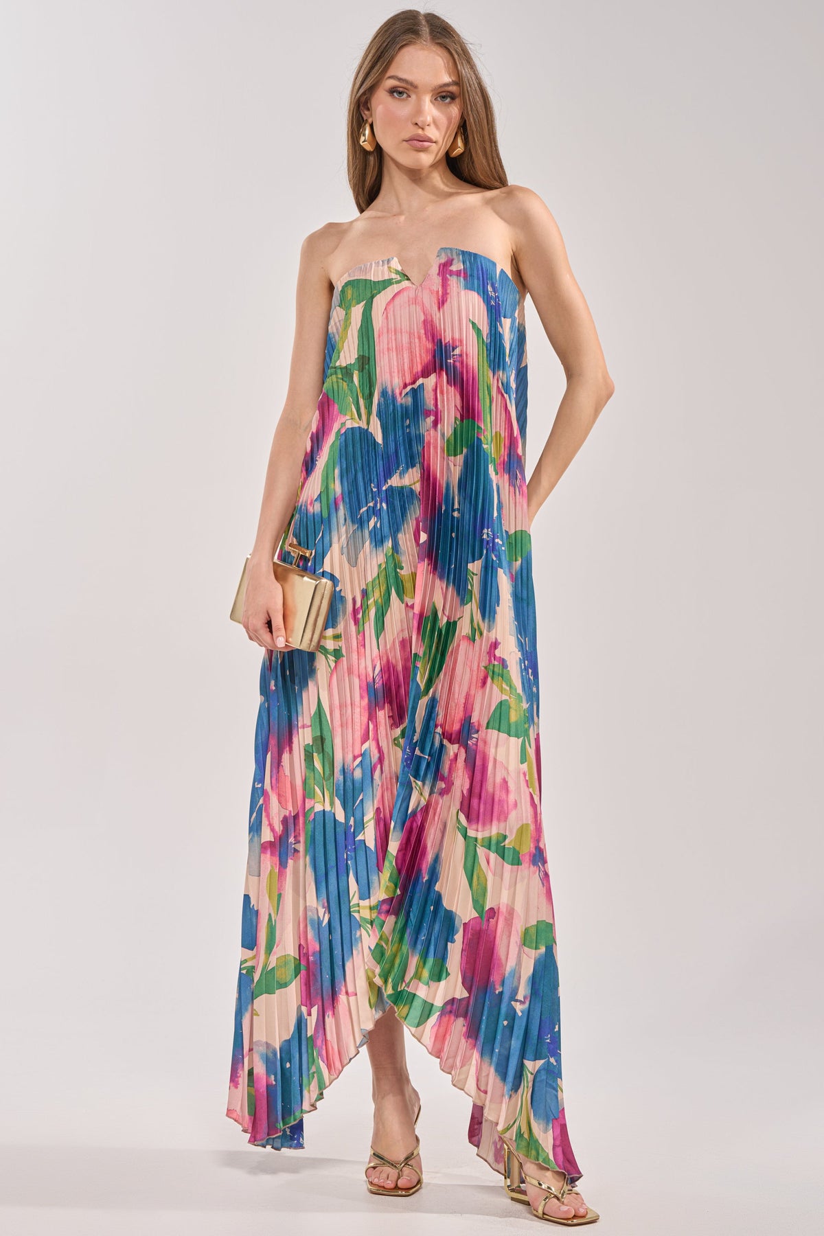 COCKTAIL HOUR FLORAL STRAPLESS MAXI DRESS