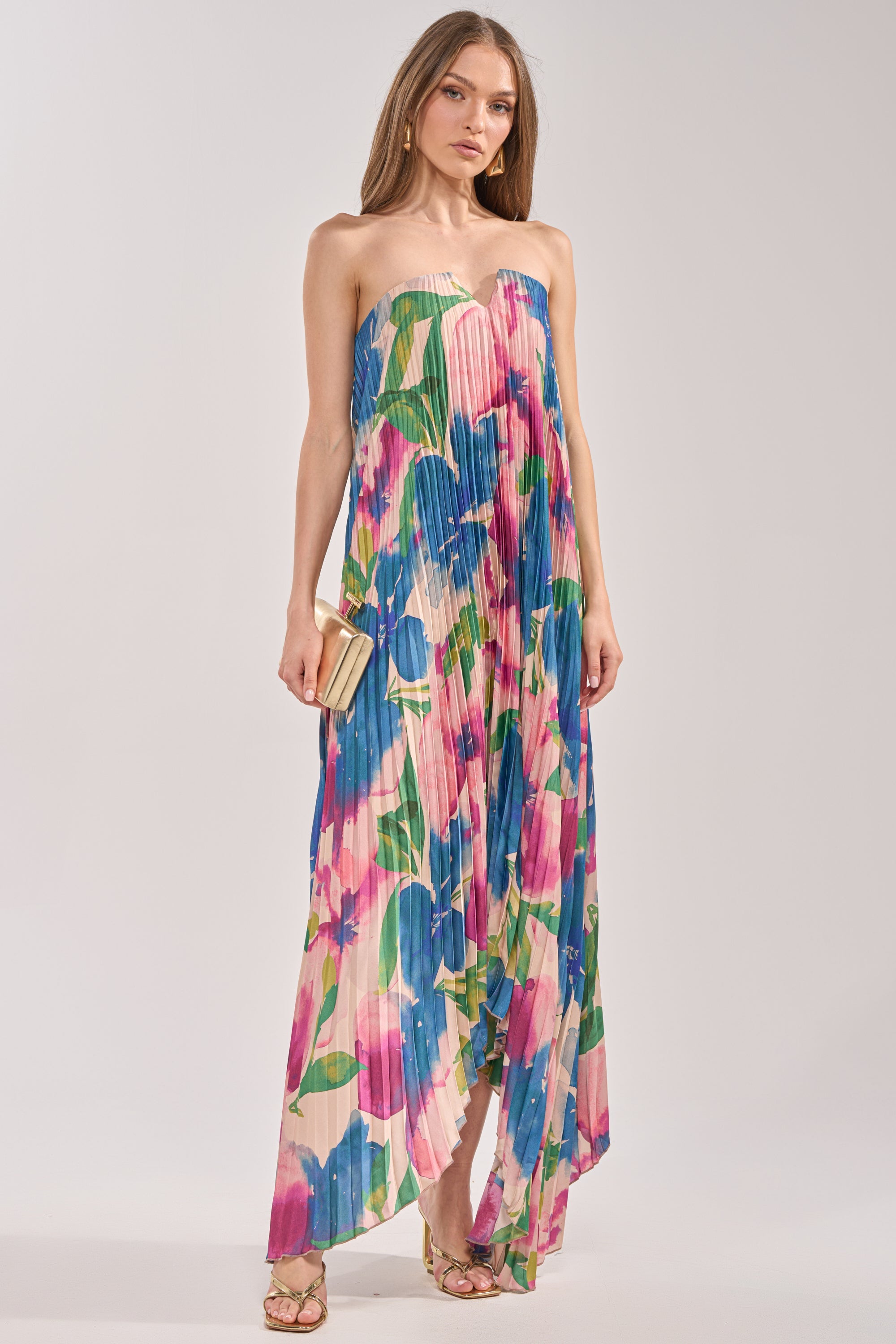 COCKTAIL HOUR FLORAL STRAPLESS MAXI DRESS