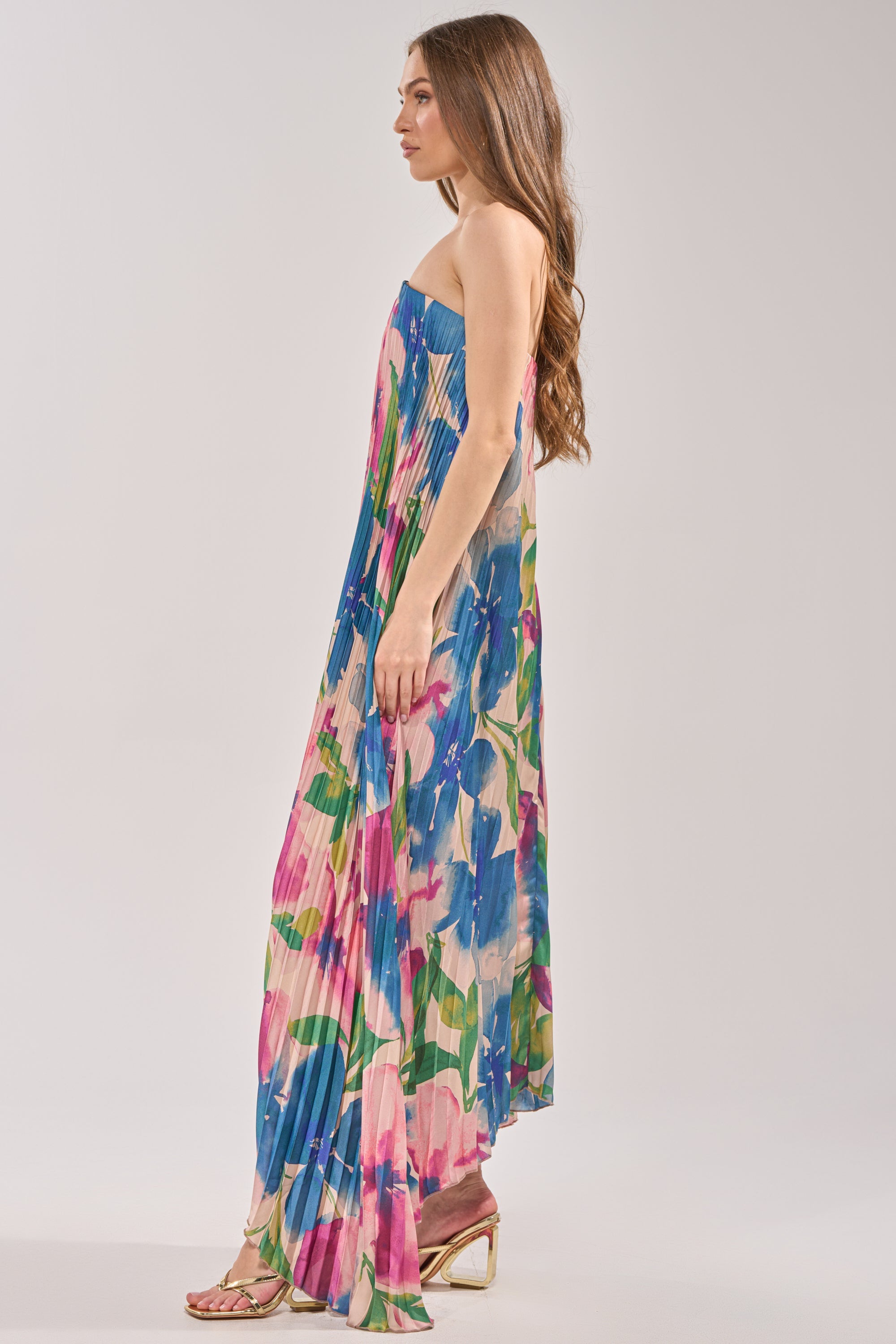 COCKTAIL HOUR FLORAL STRAPLESS MAXI DRESS