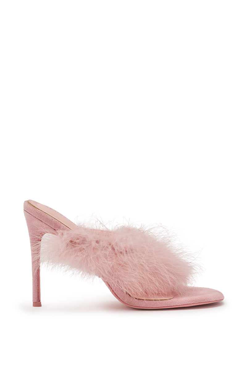 AKIRA FEMINISTA PINK FAUX SUEDE FUR EMBELLISHED KITTEN HEEL SANDAL