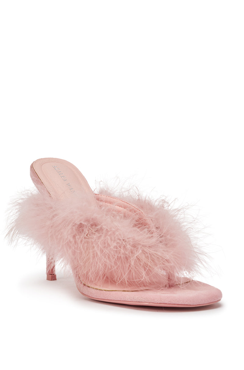 AKIRA FEMINISTA PINK FAUX SUEDE FUR EMBELLISHED KITTEN HEEL SANDAL