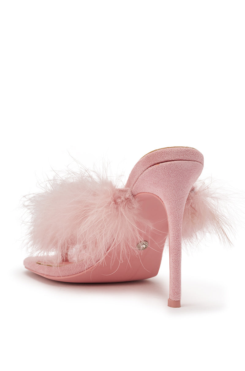 AKIRA FEMINISTA PINK FAUX SUEDE FUR EMBELLISHED KITTEN HEEL SANDAL