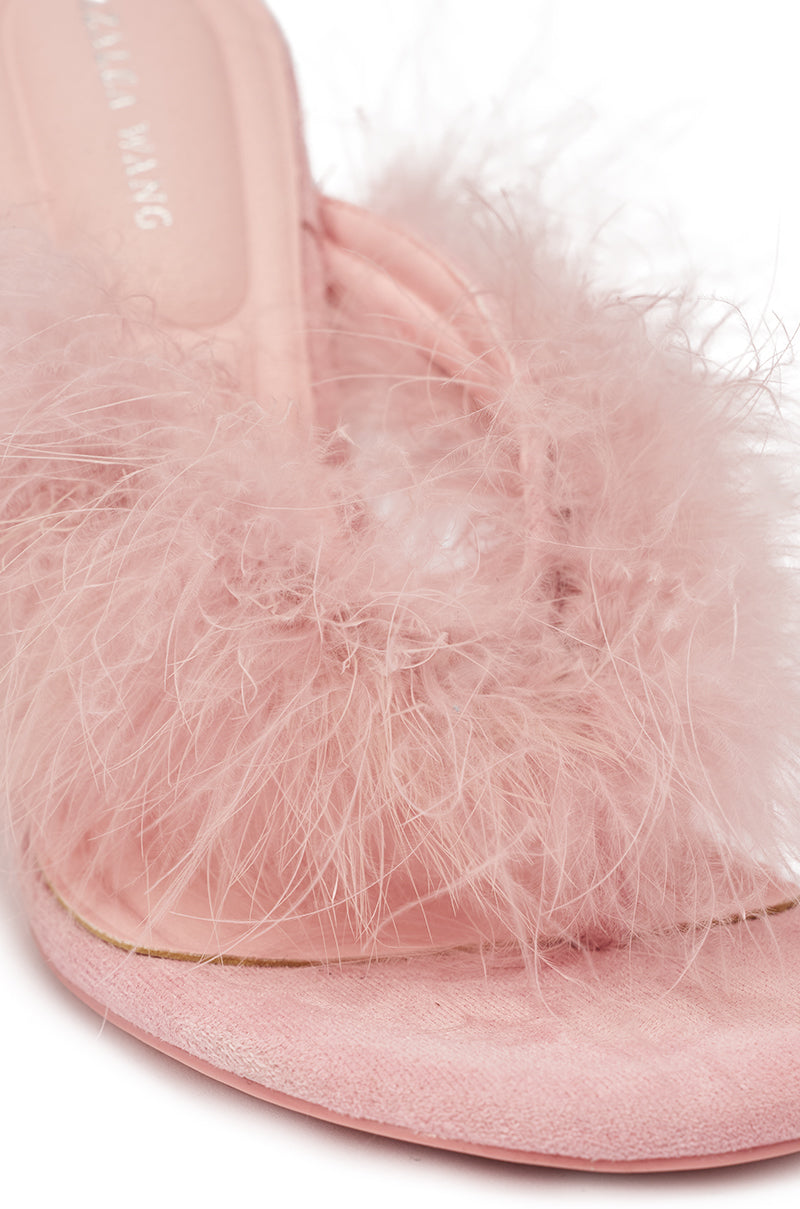 AKIRA FEMINISTA PINK FAUX SUEDE FUR EMBELLISHED KITTEN HEEL SANDAL