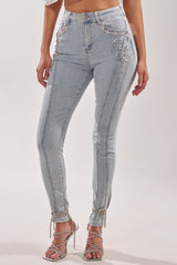 FLEX FIT SKINNY DENIM PANTS WITH RHINESTONES