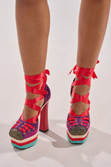 AKIRA GOLD FONTEYN RED MULTI CHUNKY PLATFORM LACE UP PUMP