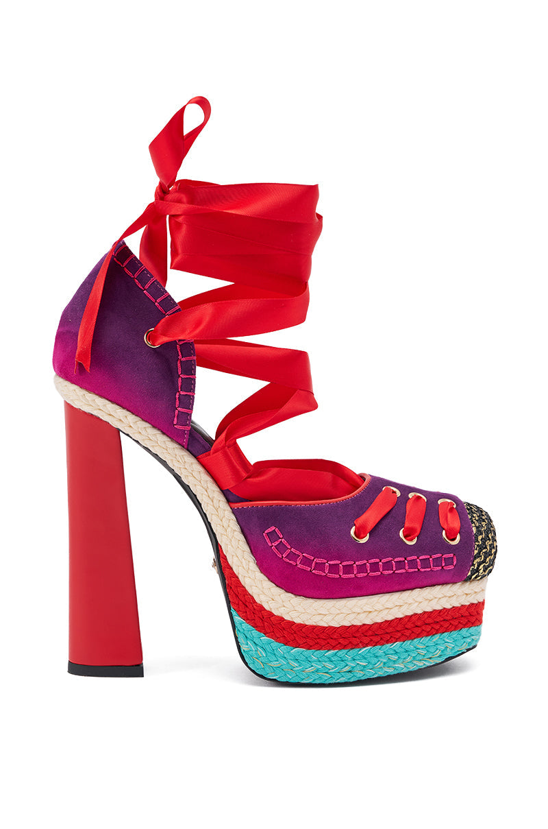 AKIRA GOLD FONTEYN RED MULTI CHUNKY PLATFORM LACE UP PUMP