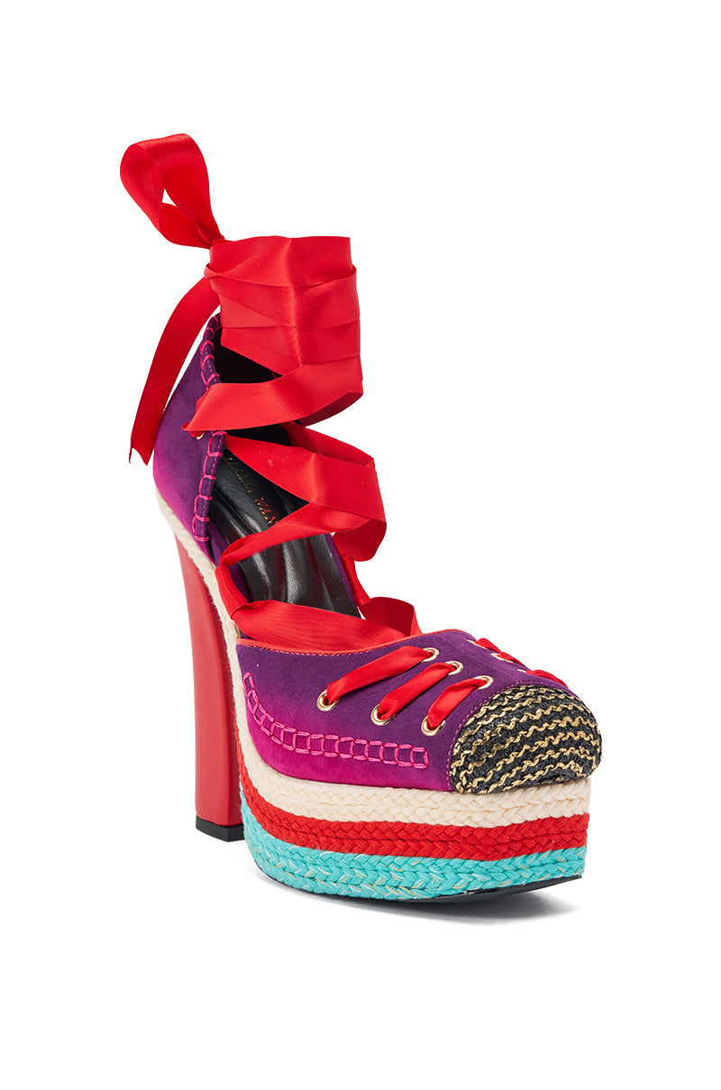 AKIRA GOLD FONTEYN RED MULTI CHUNKY PLATFORM LACE UP PUMP