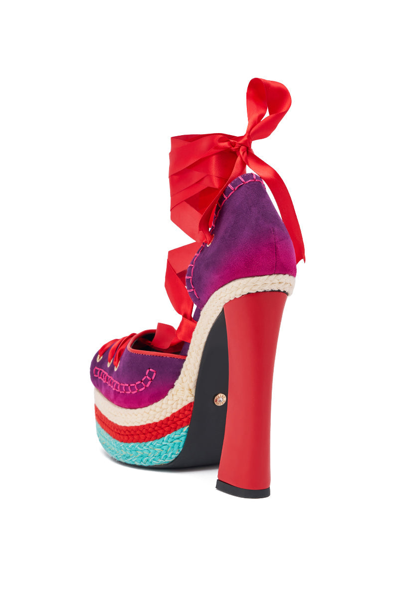 AKIRA GOLD FONTEYN RED MULTI CHUNKY PLATFORM LACE UP PUMP