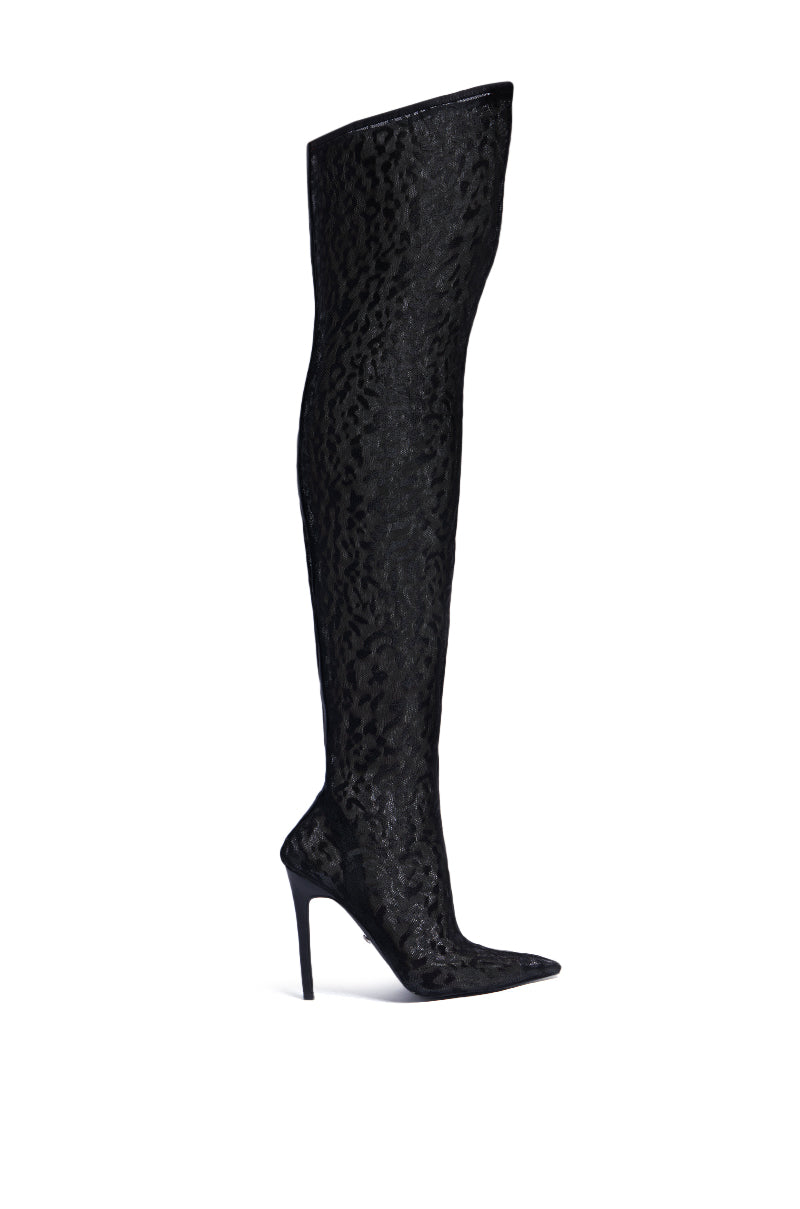 AZALEA WANG NEW FREYJA BLACK LEOPARD LACE STILETTO THIGH HIGH