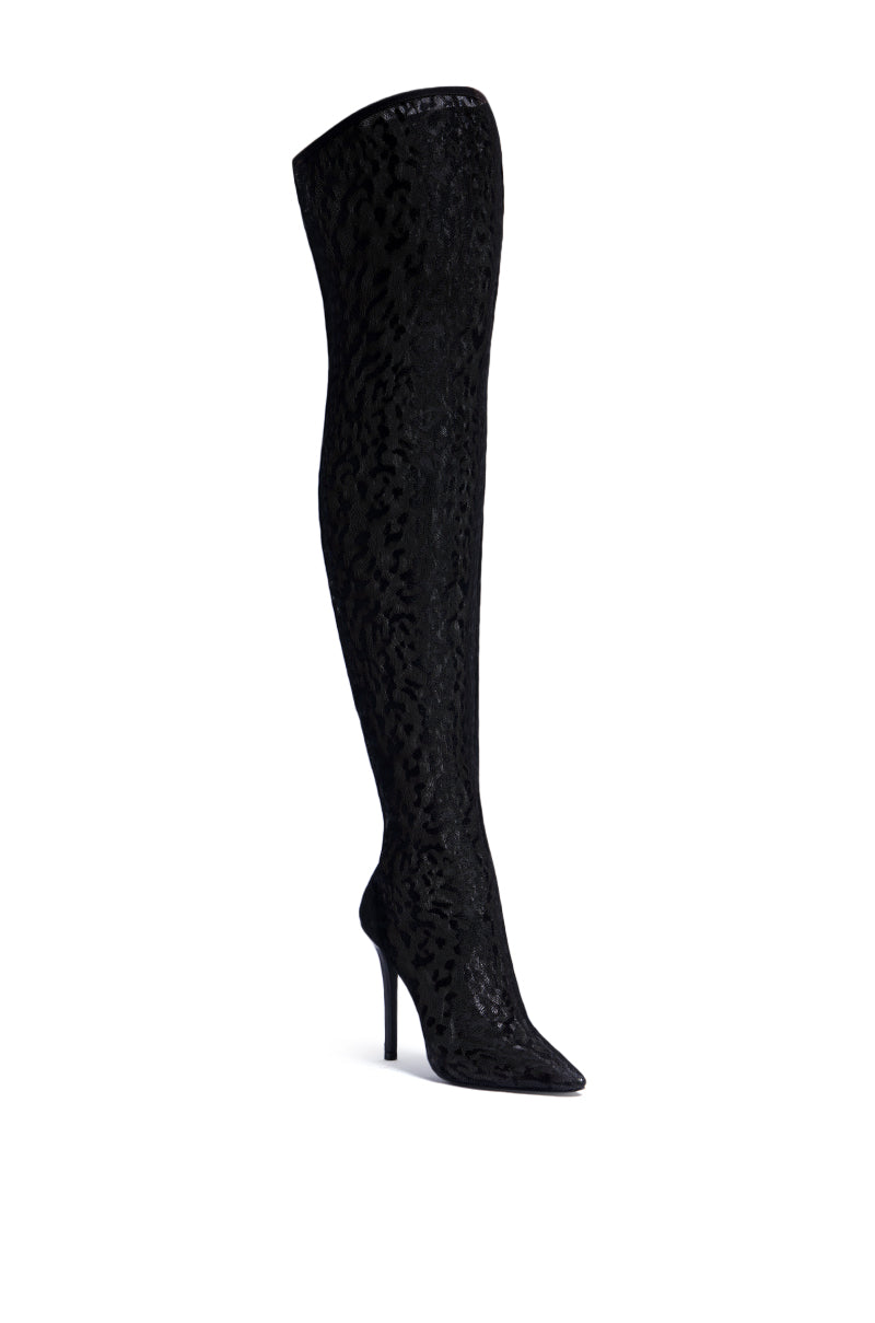 AZALEA WANG NEW FREYJA BLACK LEOPARD LACE STILETTO THIGH HIGH