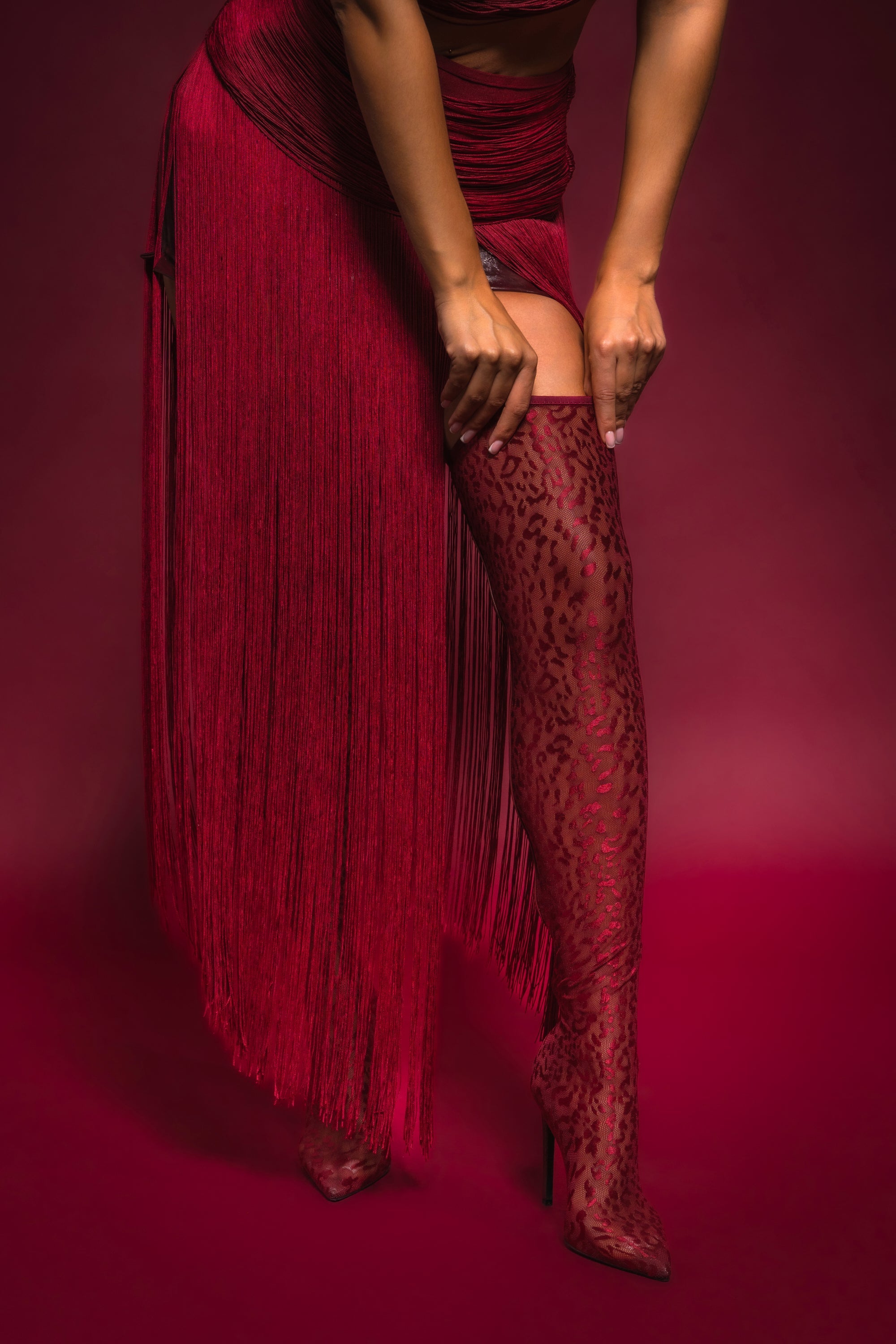 AZALEA WANG NEW FREYJA BURGUNDY LEOPARD LACE STILETTO THIGH HIGH