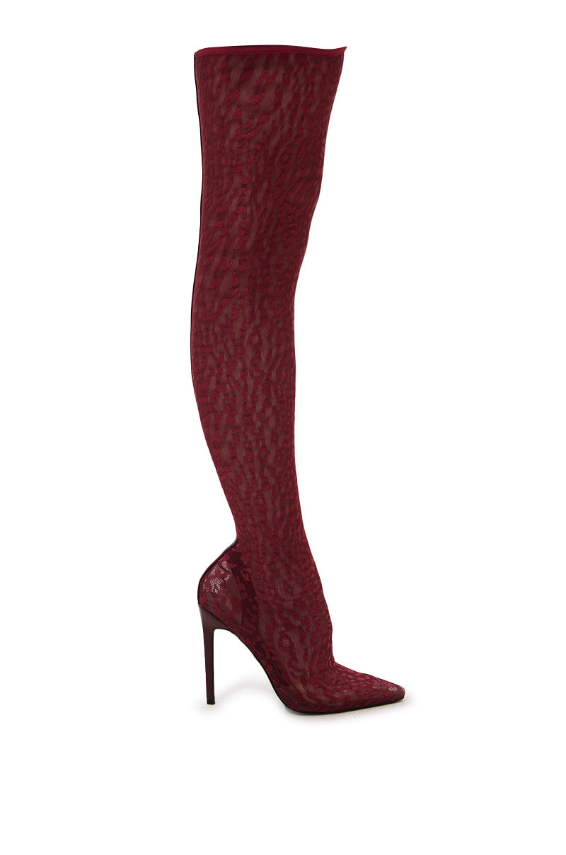 AZALEA WANG NEW FREYJA BURGUNDY LEOPARD LACE STILETTO THIGH HIGH