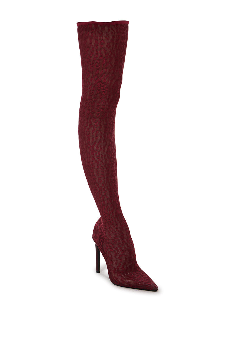 AZALEA WANG NEW FREYJA BURGUNDY LEOPARD LACE STILETTO THIGH HIGH
