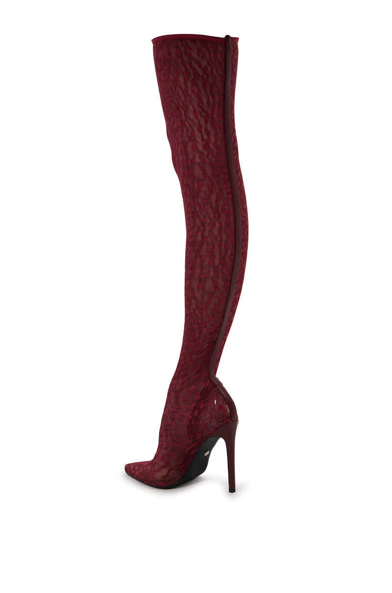 AZALEA WANG NEW FREYJA BURGUNDY LEOPARD LACE STILETTO THIGH HIGH