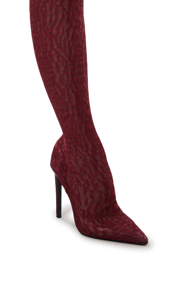 AZALEA WANG NEW FREYJA BURGUNDY LEOPARD LACE STILETTO THIGH HIGH