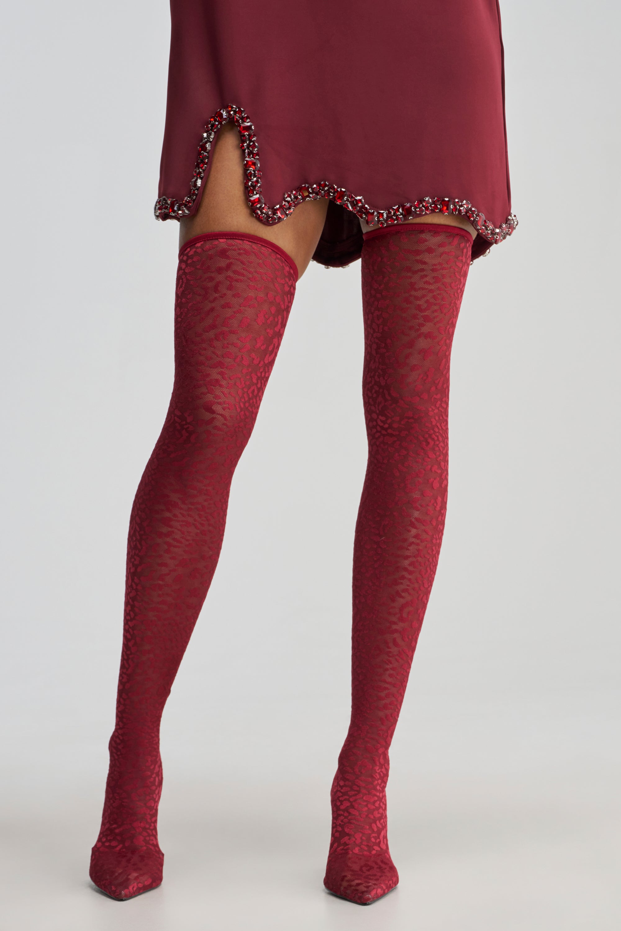 AZALEA WANG NEW FREYJA BURGUNDY LEOPARD LACE STILETTO THIGH HIGH