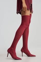 AZALEA WANG NEW FREYJA BURGUNDY LEOPARD LACE STILETTO THIGH HIGH