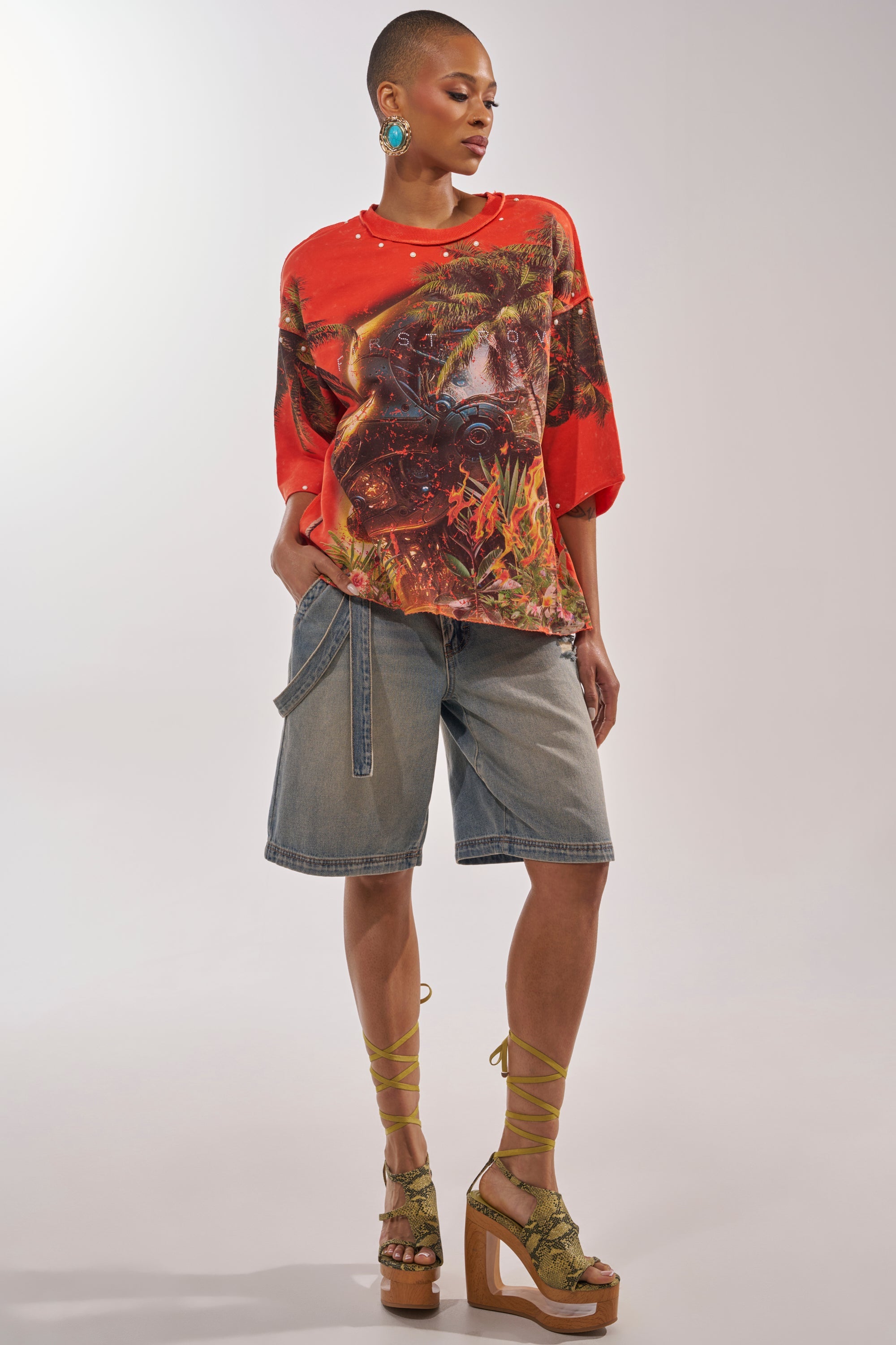 FIRST ROW LOST PARADISE RHINESTONE FRENCH TERRY TEE