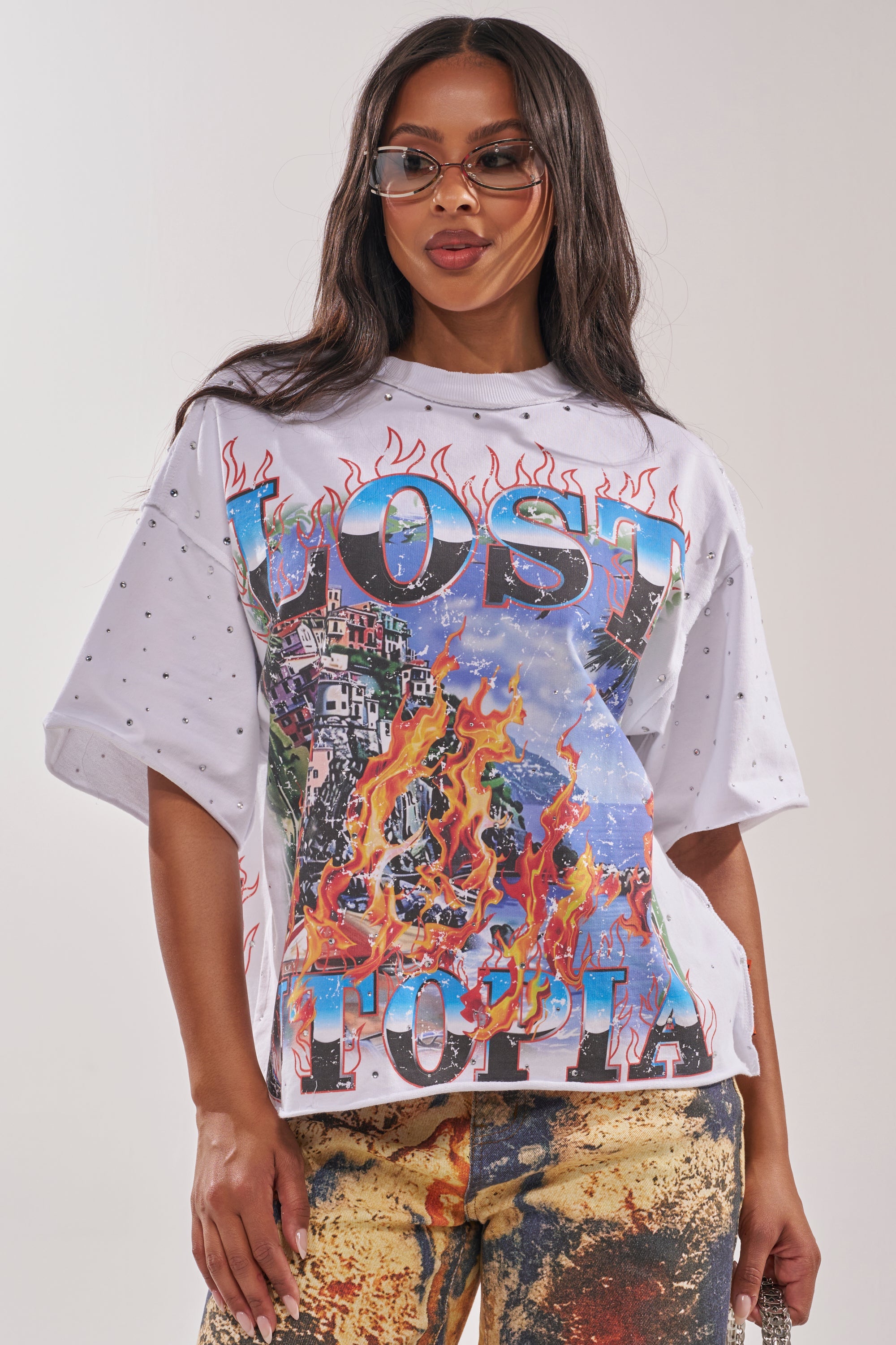 FIRST ROW LOST UTOPIA RHINESTONE FRENCH TERRY TEE