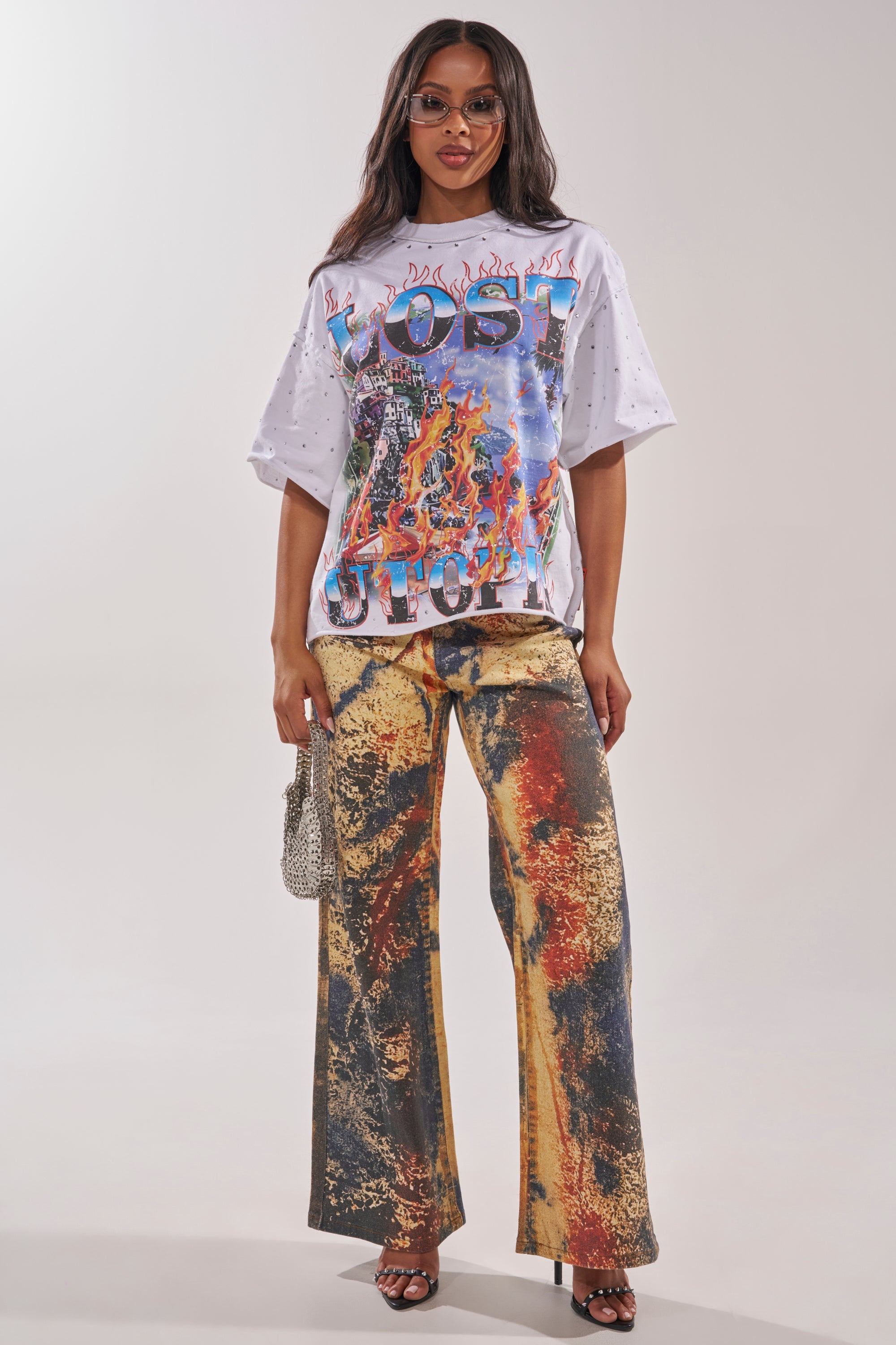 FIRST ROW LOST UTOPIA RHINESTONE FRENCH TERRY TEE